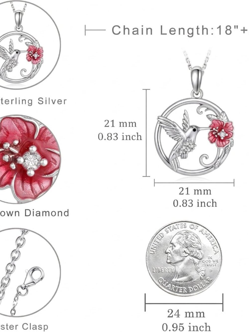 Diamond Hummingbird Necklace for Women, 925 Sterling Silver Red Flower Hummingbi - Picture 4 of 6